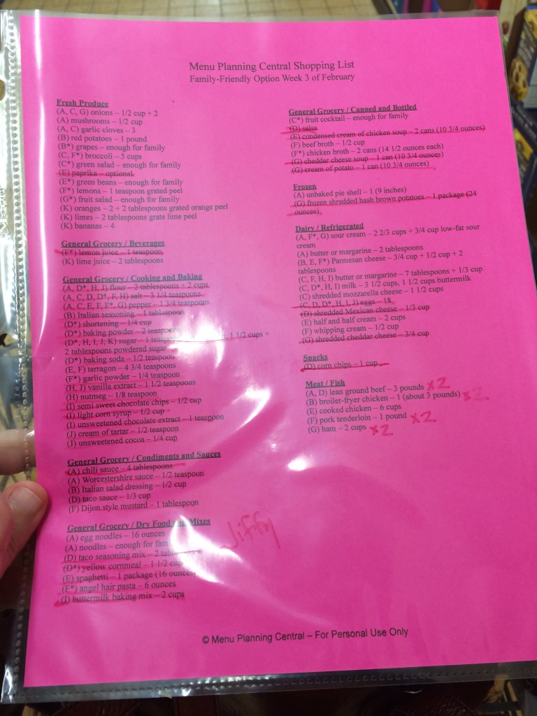 I use a page protector to turn my menu plan shopping list into a dry erase surface. I cross things out as I shop, and when I get home I can wipe it fresh and have it to use again next time.