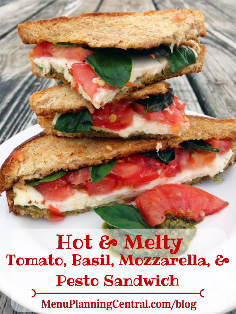 Hot & Melty Tomato, Basil, Mozzarella, & Pesto Sandwich