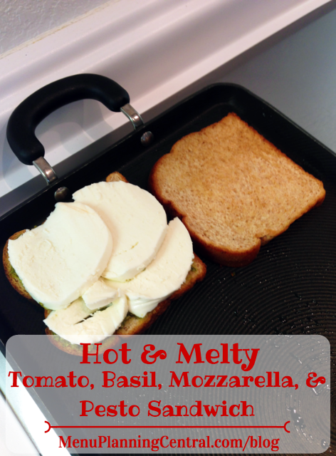 Hot & Melty Tomato, Basil, Mozzarella, & Pesto Sandwich