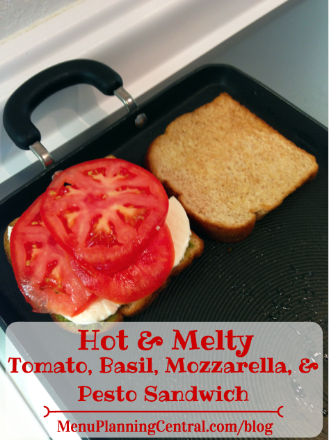 Hot & Melty Tomato, Basil, Mozzarella, & Pesto Sandwich