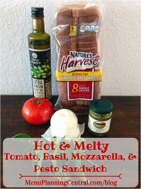 Hot & Melty Tomato, Basil, Mozzarella, & Pesto Sandwich